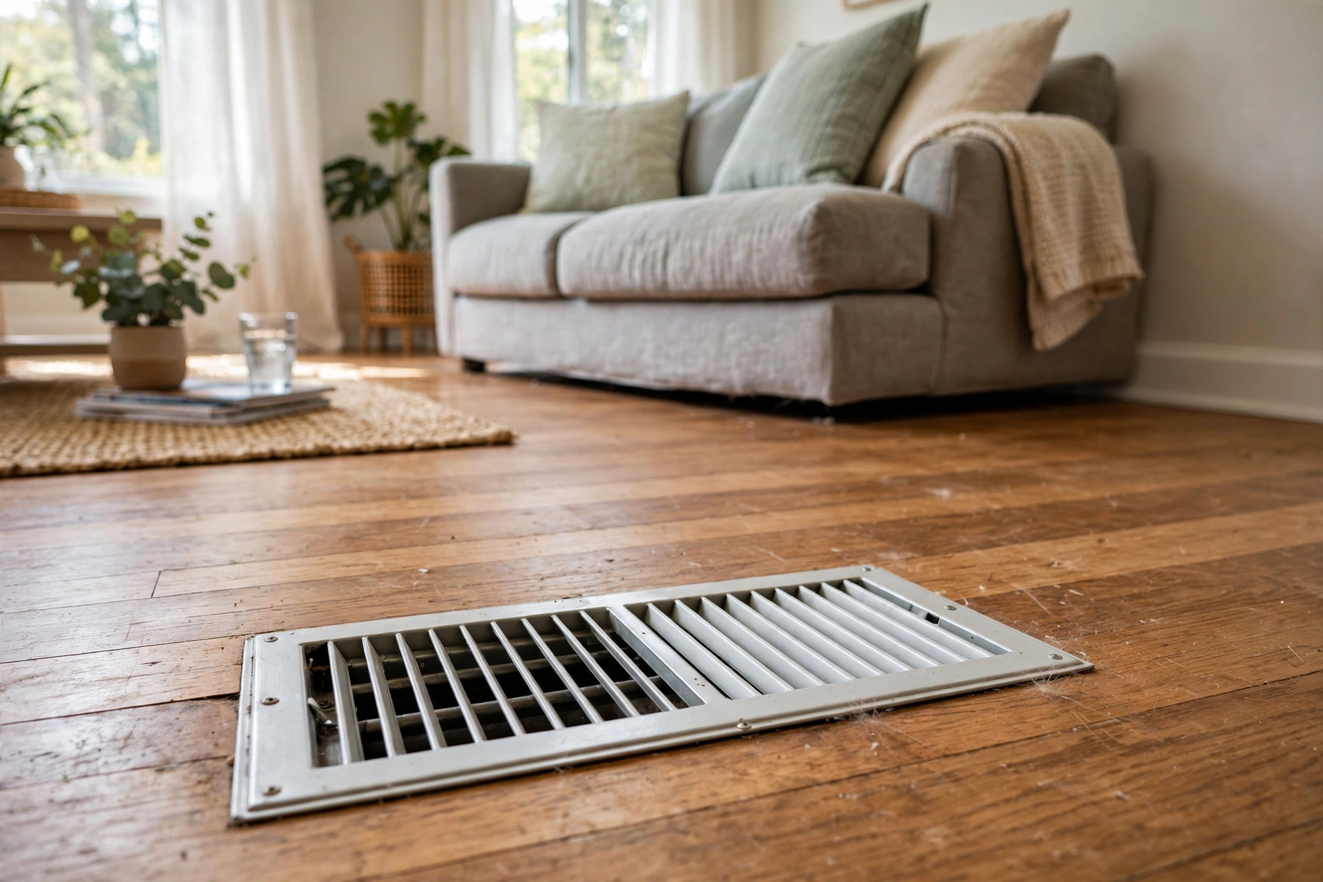 Floor vent in a hardwood living room floor near a sofa