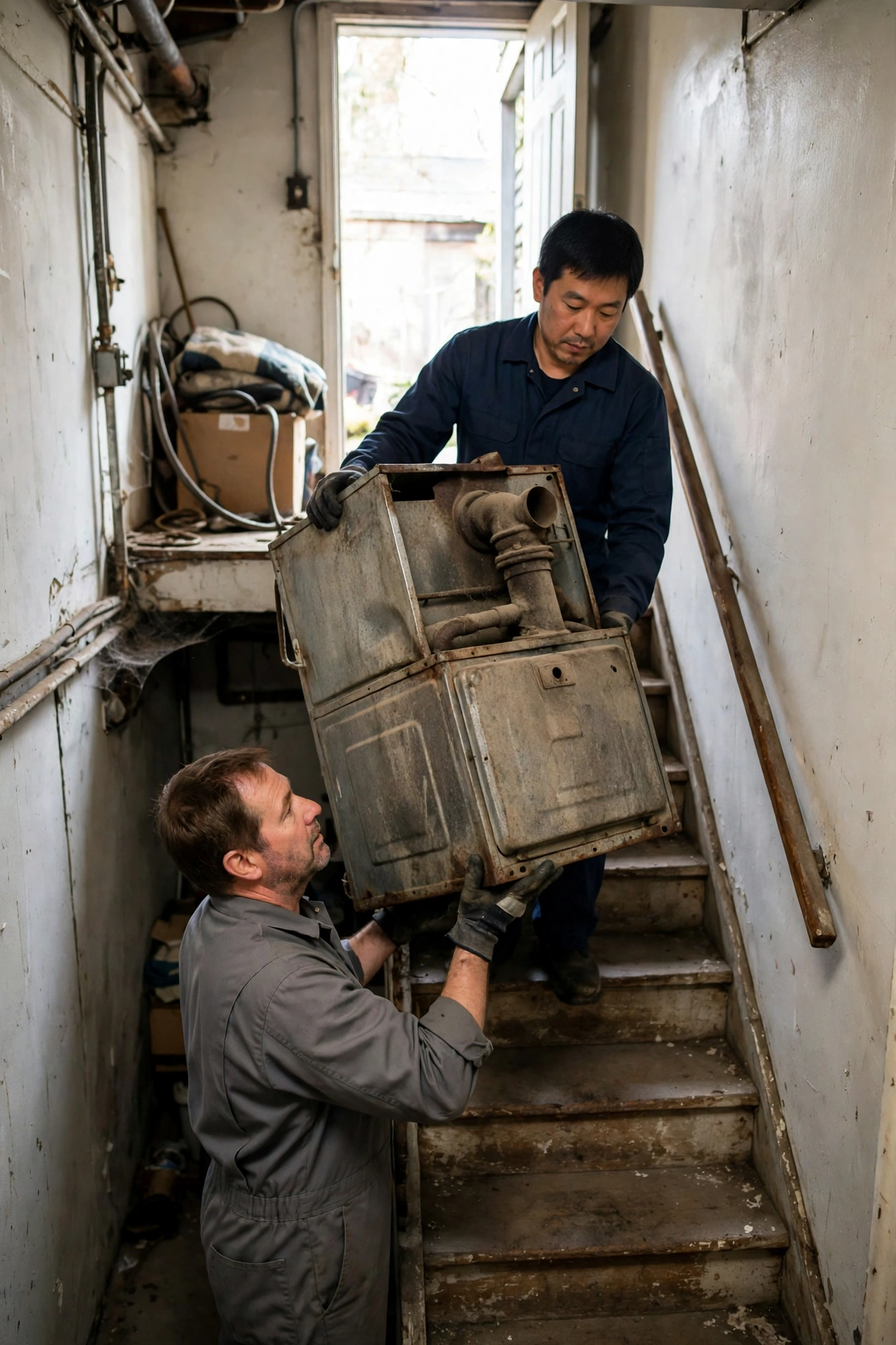 Two workers carrying an old worn furnace unit down a basement stairway
