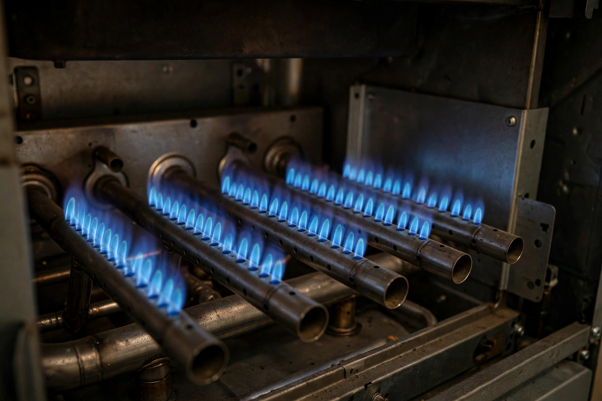 Rows of blue gas burner flames inside a furnace