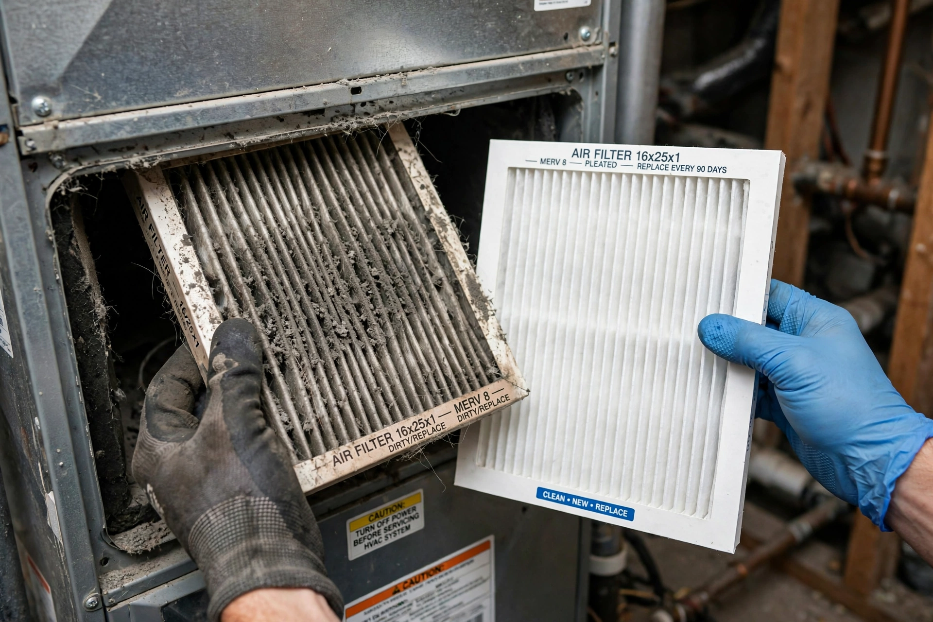 Gloved hands holding a dirty furnace filter beside a clean new filter