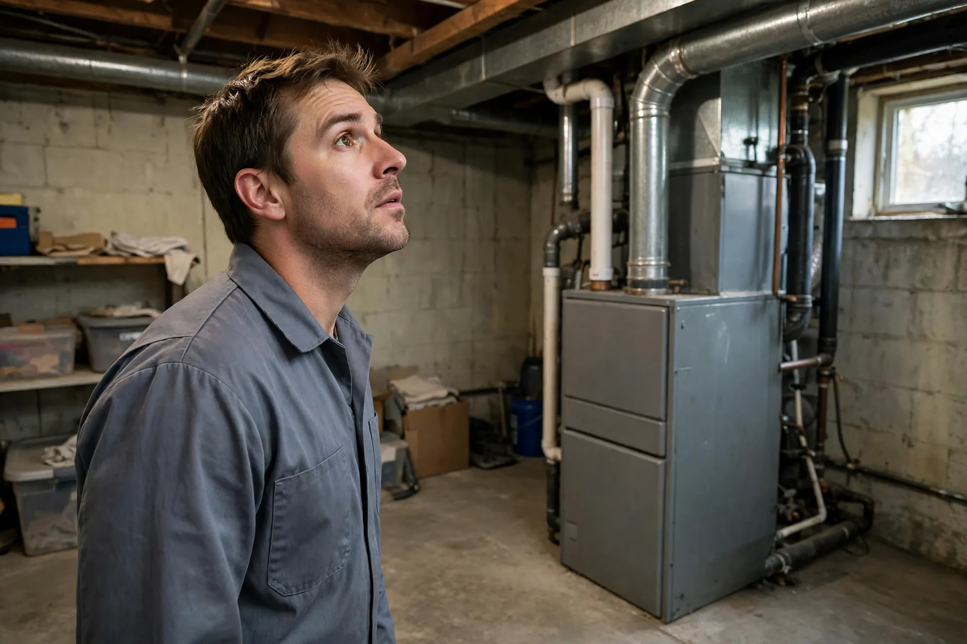 Homeowner looking up at a furnace in a basement