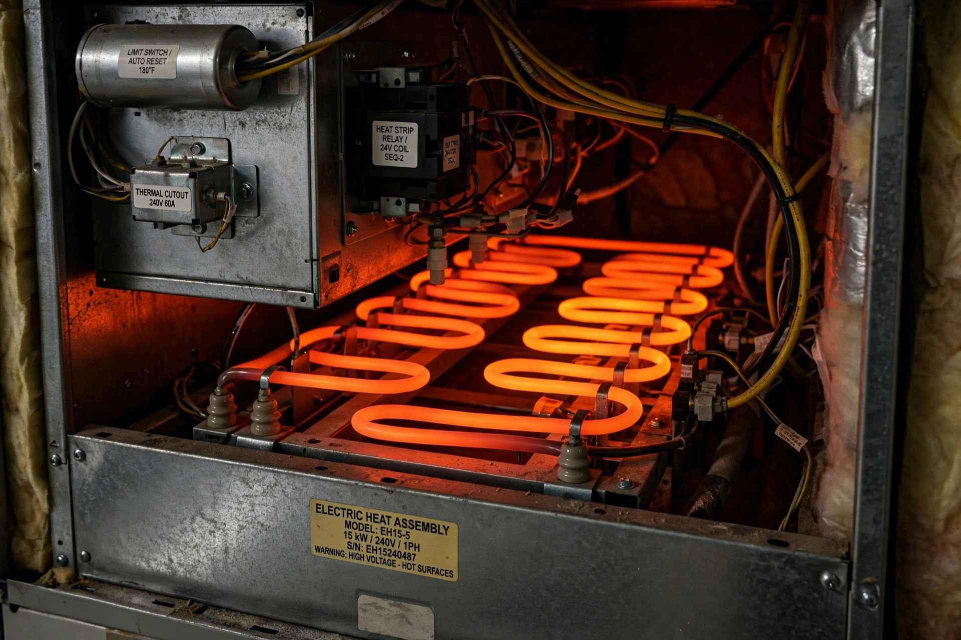 Glowing orange electric heat strips inside an open heating unit
