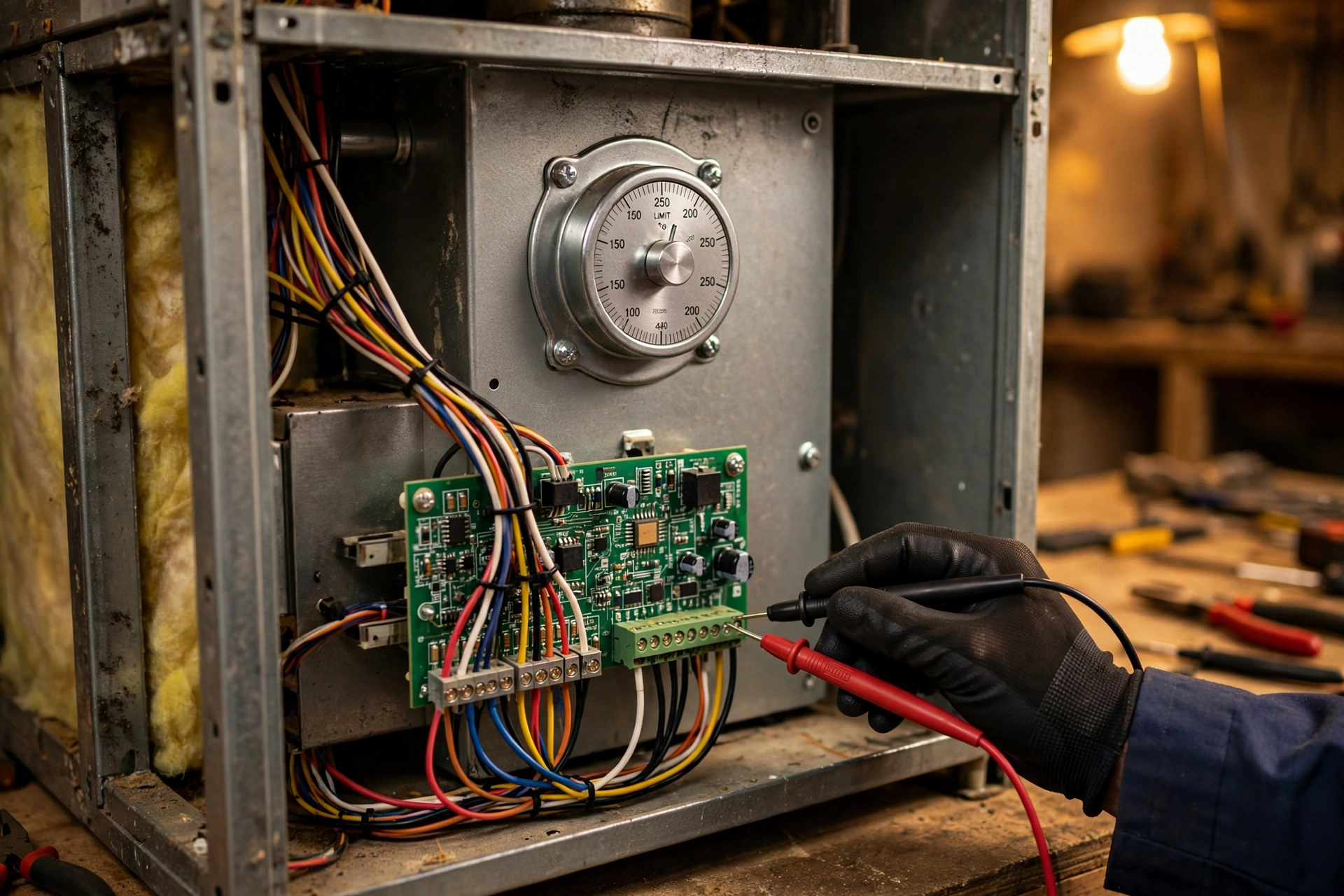 Gloved hand testing a furnace control board with meter probes