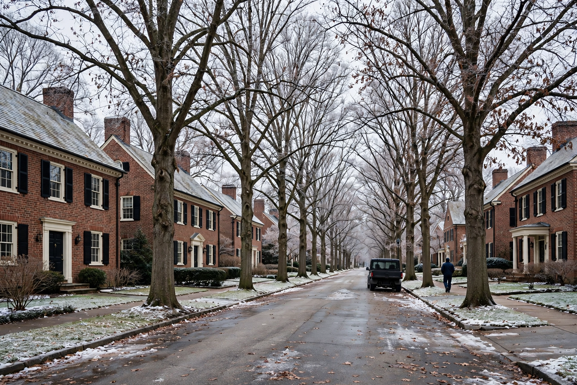 Brick colonial homes along a tree lined street in light snow, furnace repair in Wilmington