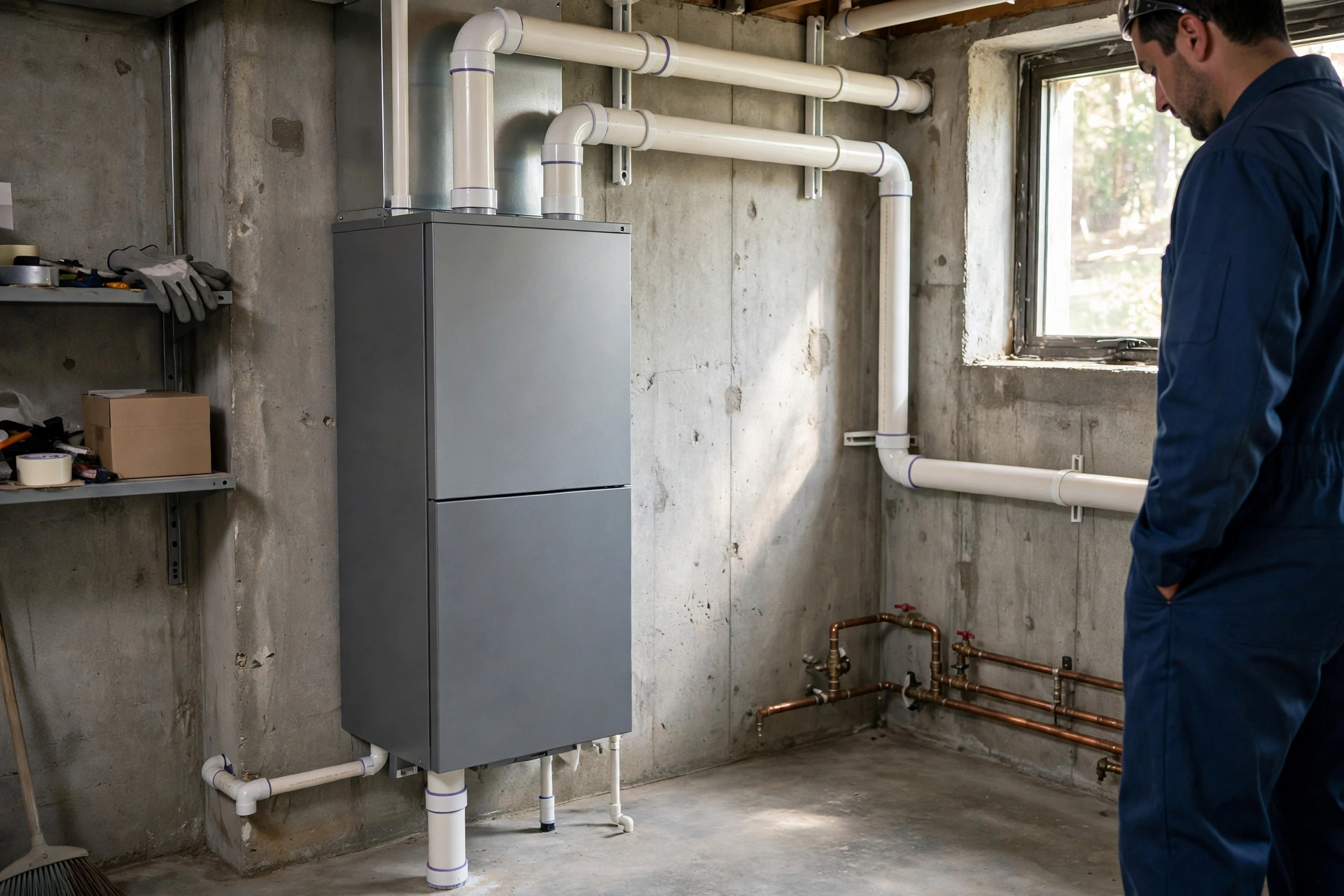 Plain grey furnace unit in a clean basement room, furnace repair in Elsmere