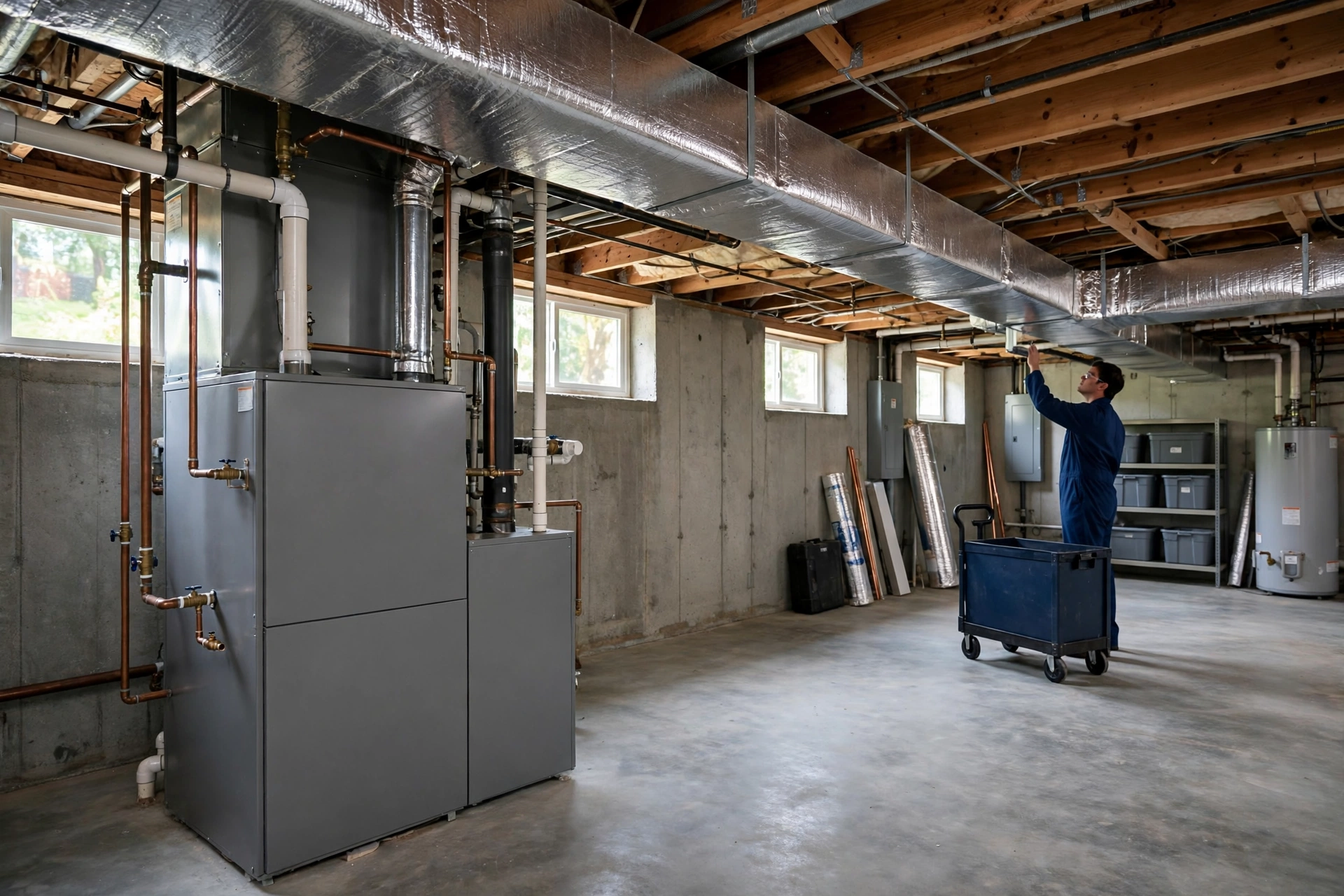 Basement furnace with overhead insulated ductwork, furnace repair in New Castle