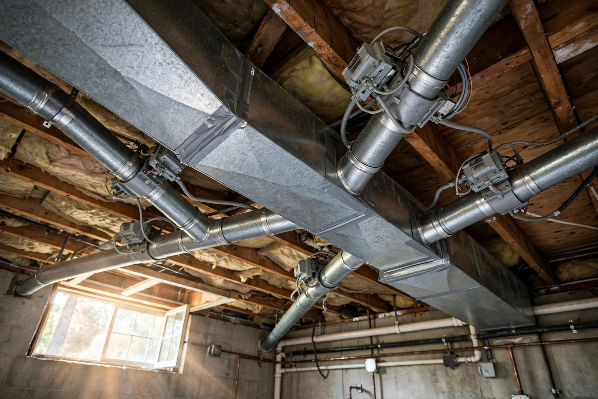 Metal ductwork and pipes across a basement ceiling, furnace repair in Bear