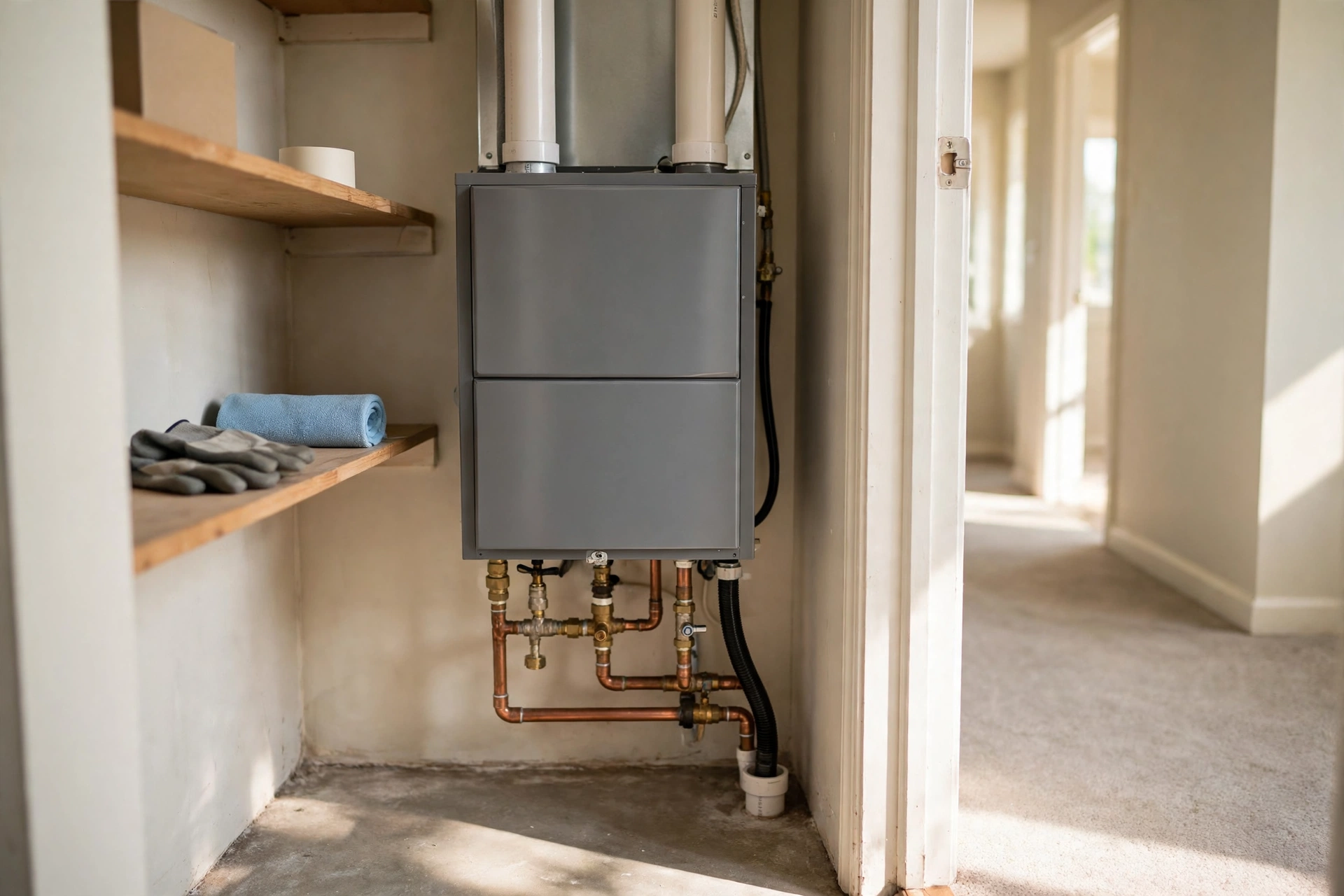 Compact furnace unit in a small indoor utility closet, furnace repair in Glasgow