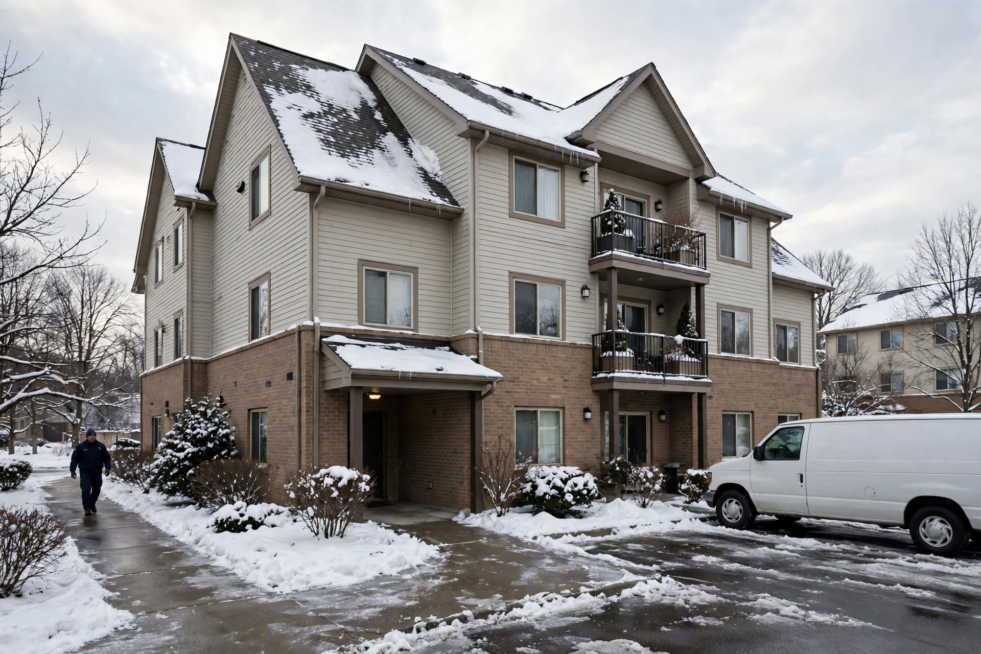 Snow covered apartment building with a plain white van parked outside, furnace repair in Pike Creek