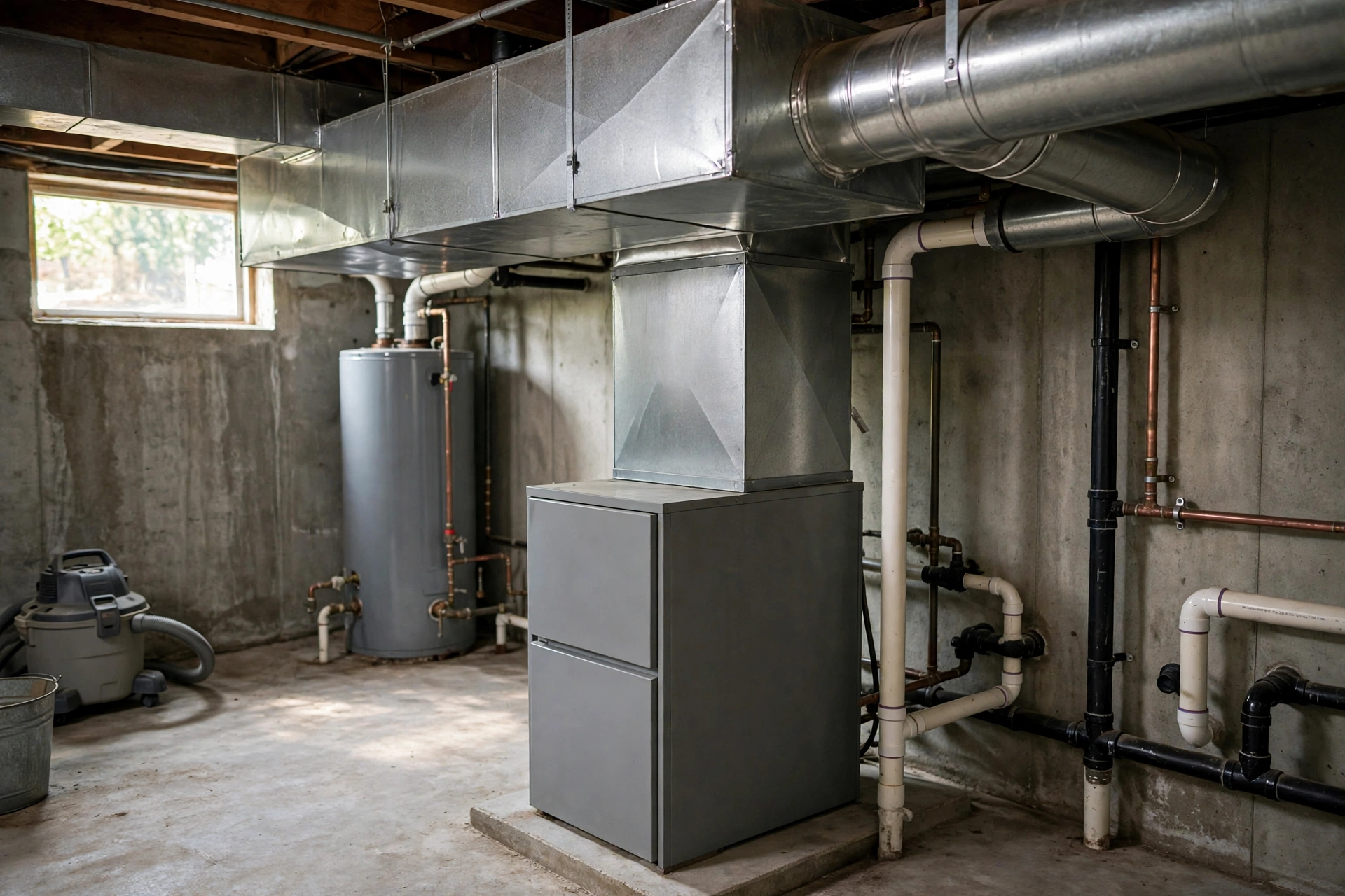 Basement furnace with ductwork and a water heater nearby, furnace repair in Claymont