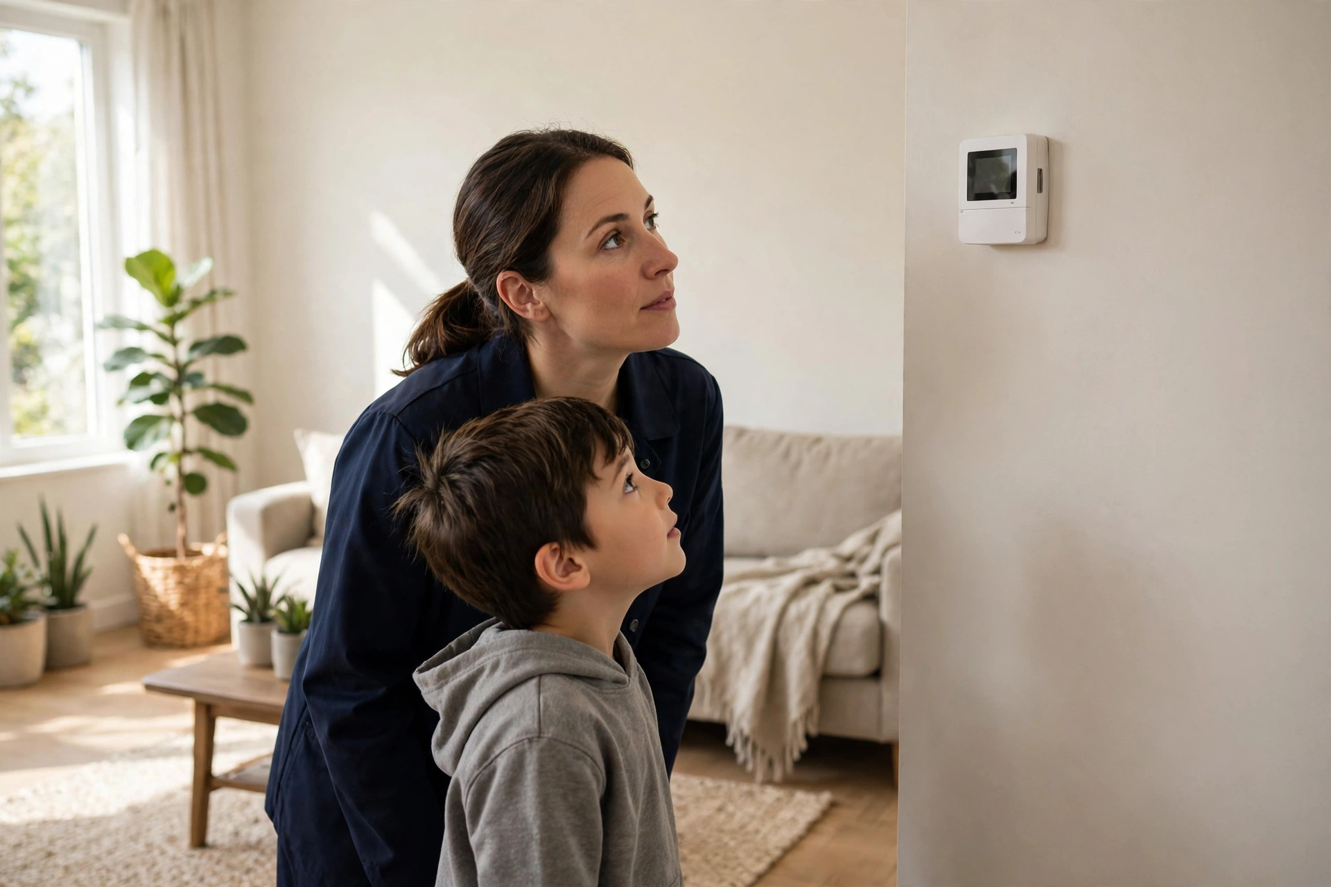 Family looking at a wall thermostat in a sunny living room, furnace repair in Edgemoor