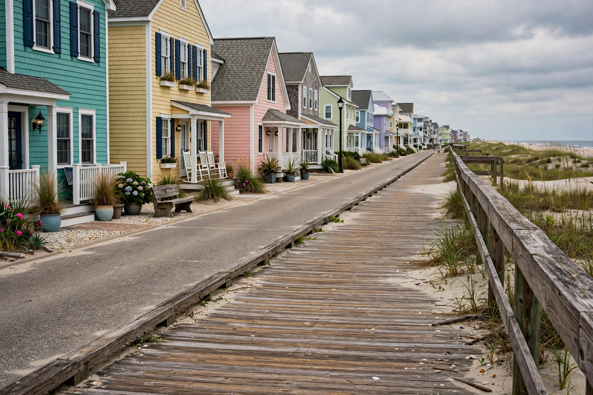 Colorful beach houses along a wooden boardwalk beside sand dunes, furnace repair in Rehoboth Beach
