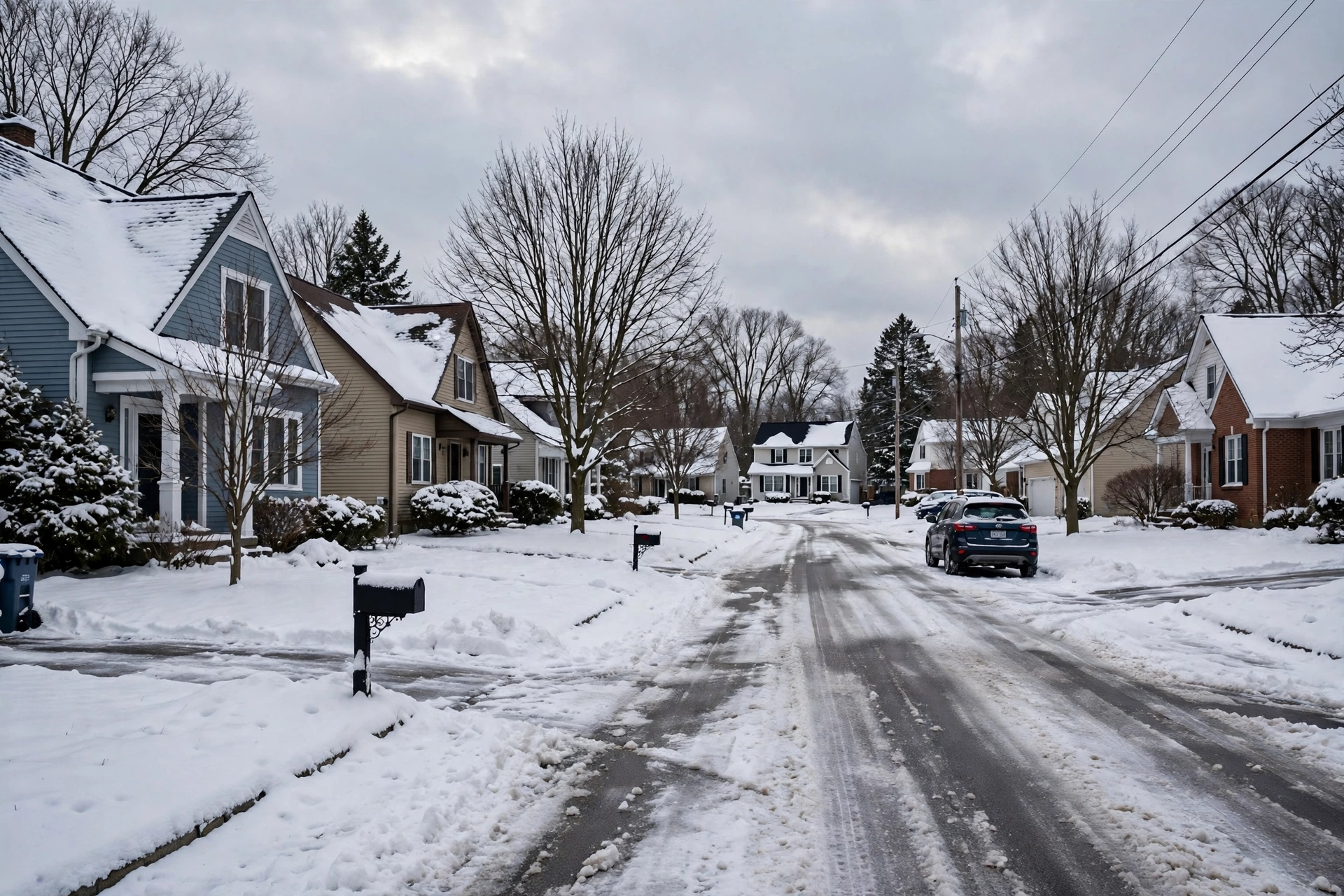Snowy suburban street lined with houses and mailboxes, furnace repair in Bethany Beach