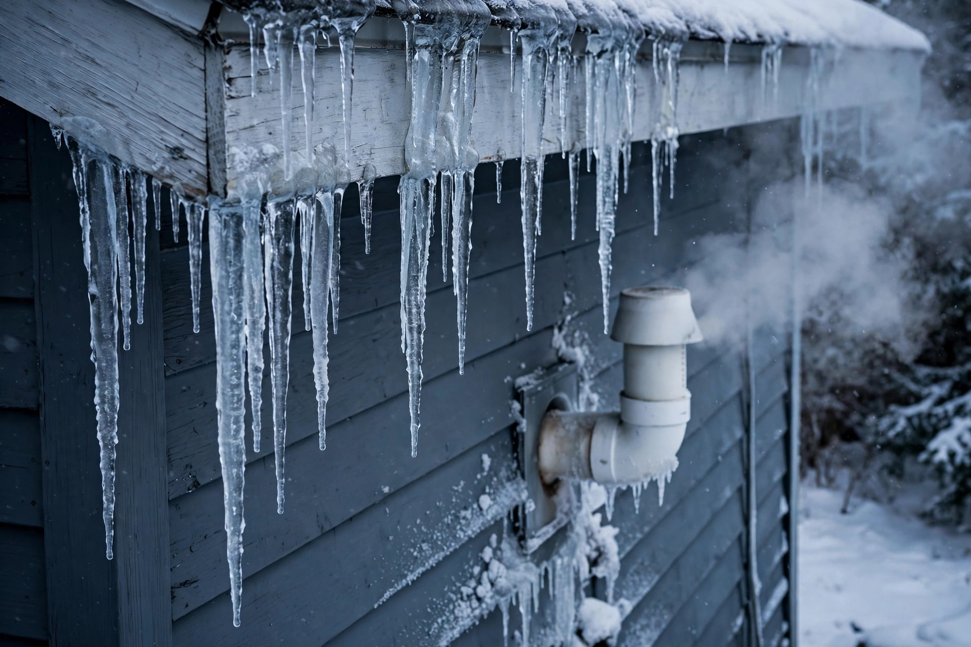 Icicles hanging from a roof edge above a steaming furnace vent pipe, furnace repair in Milton