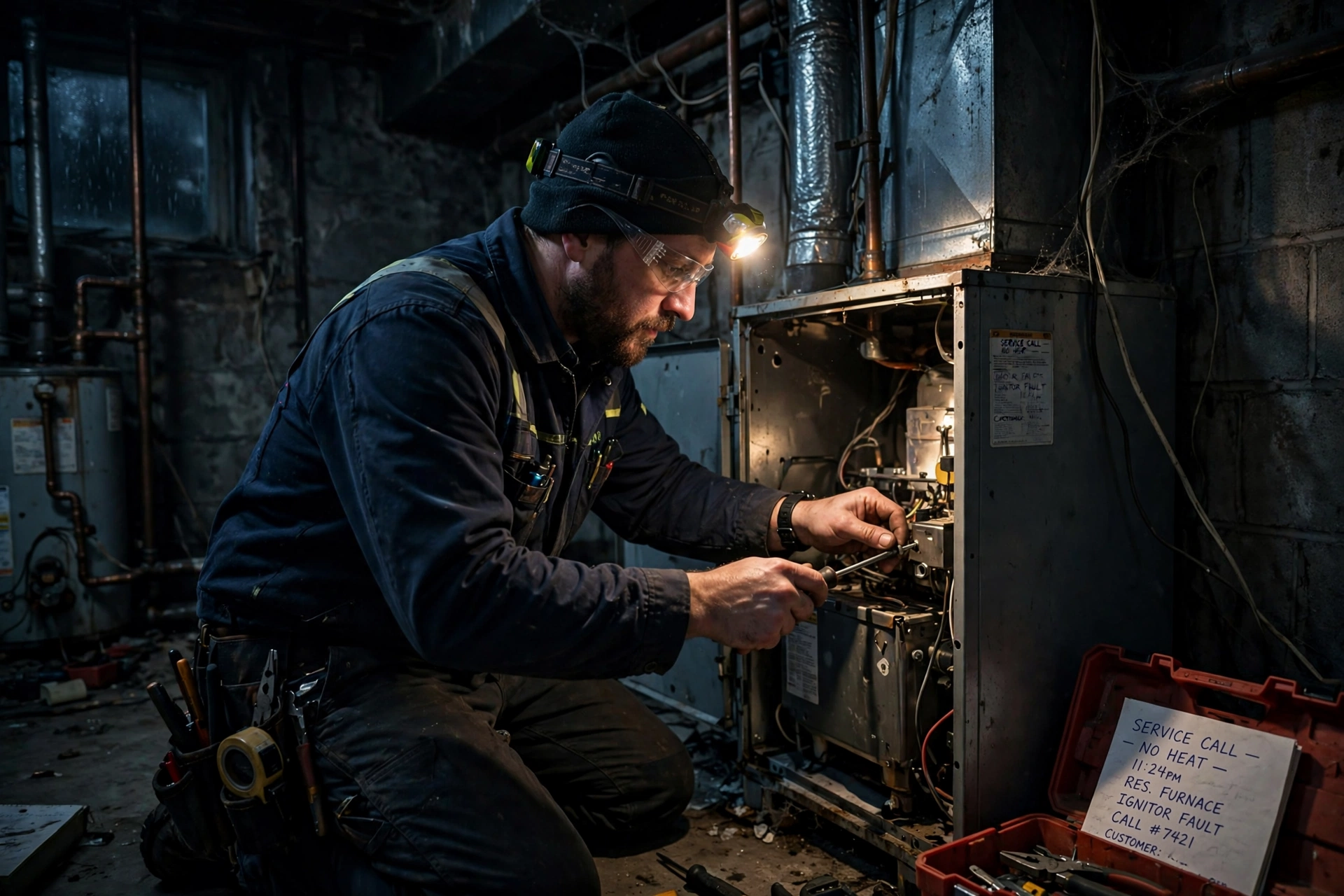 Technician in plain dark work clothes repairing an open furnace in a dim basement at night