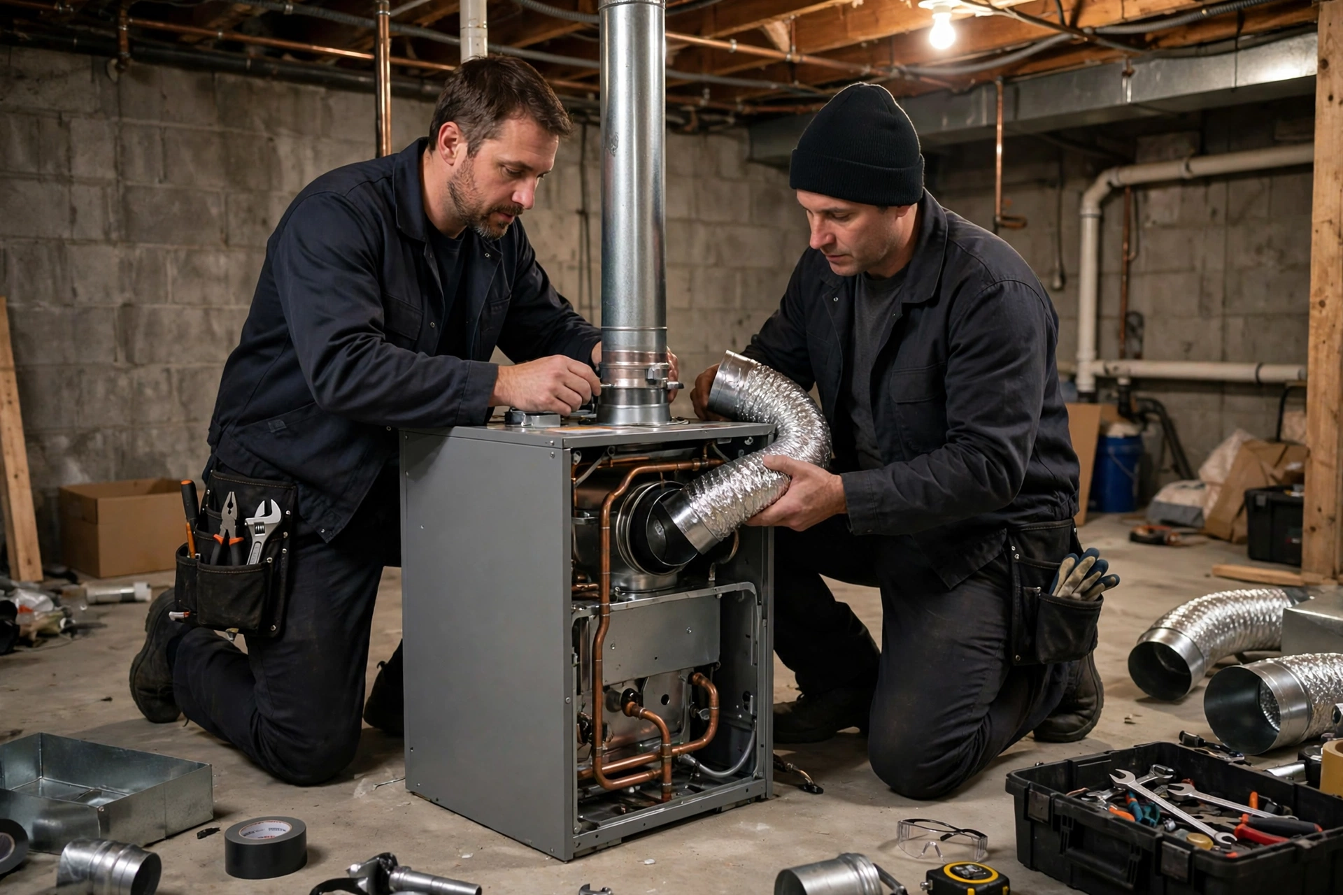 Two technicians in plain dark work clothes fitting ductwork to a new furnace in a basement