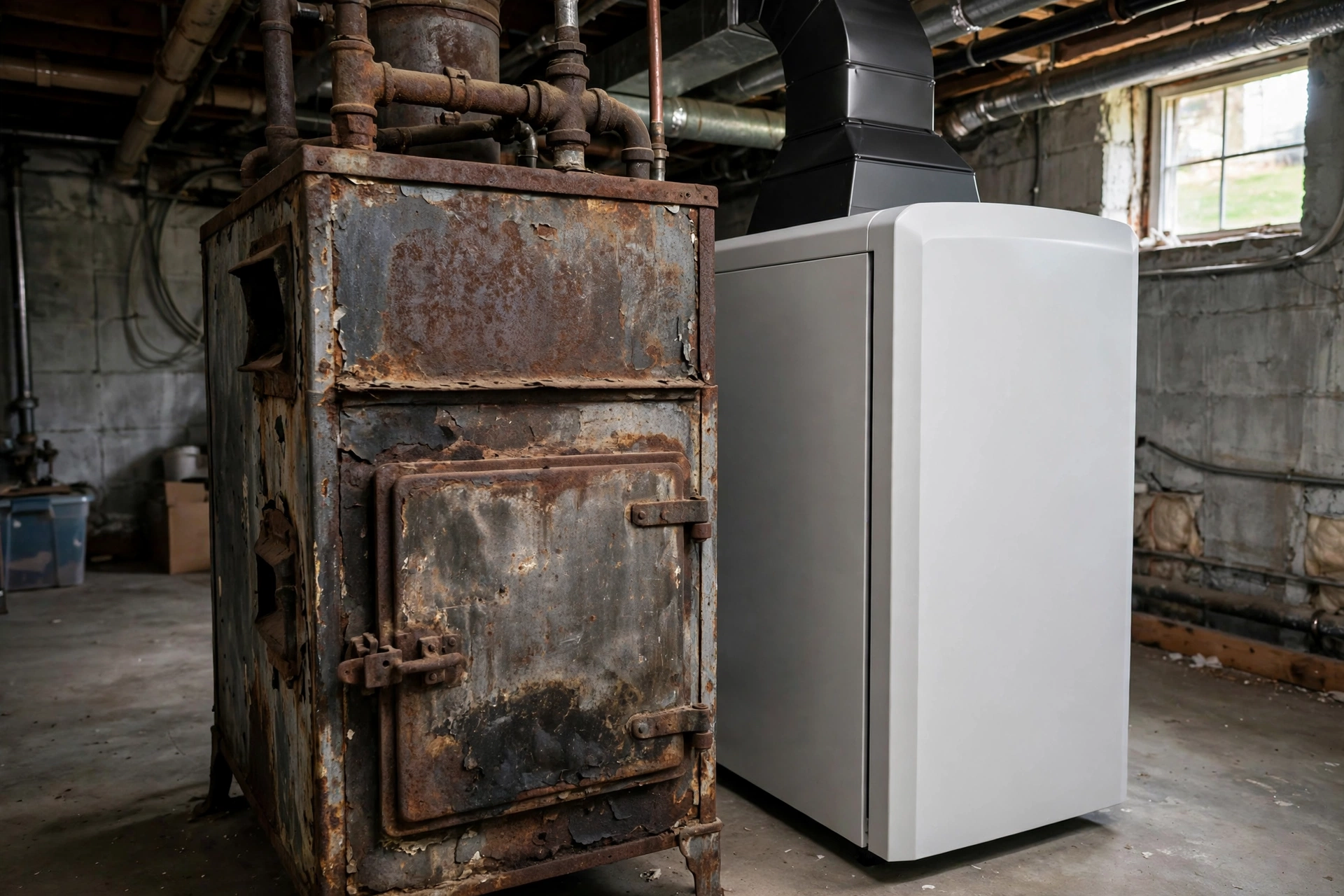 Old rusted furnace standing beside a new plain white furnace in a basement