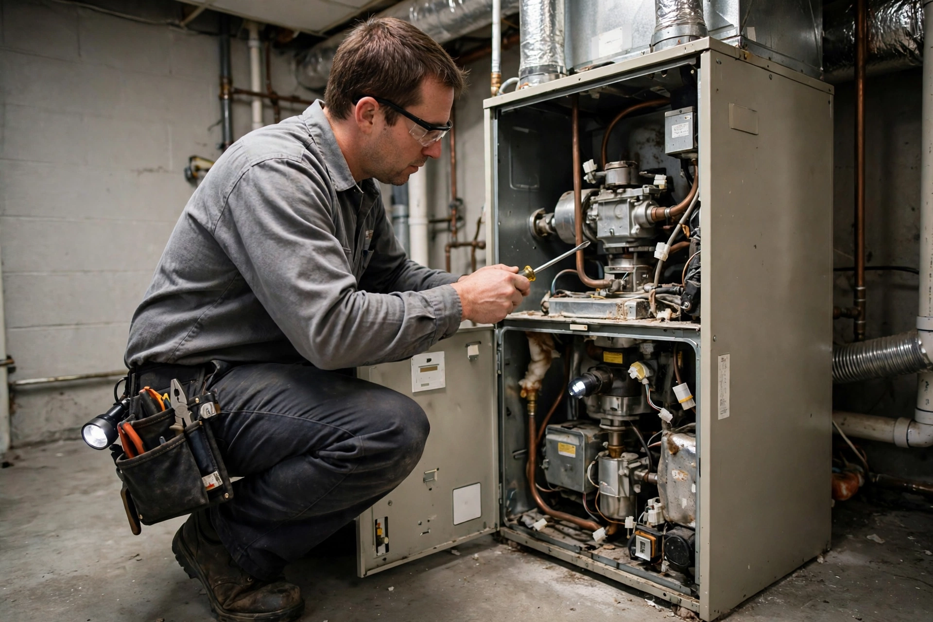 Technician in a plain grey shirt tuning up an open furnace with a hand tool