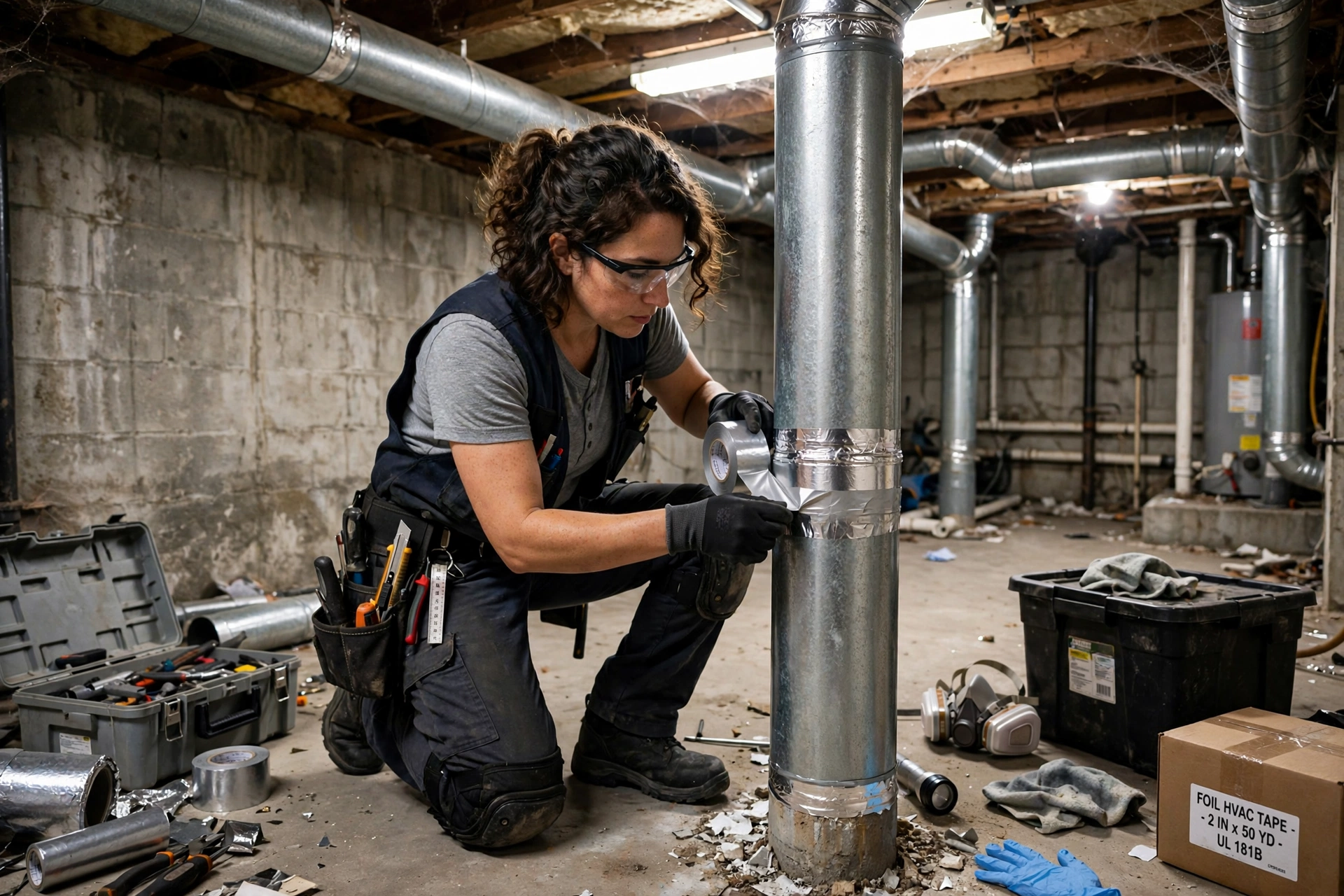Technician in a plain vest sealing a metal duct pipe with foil tape in a basement