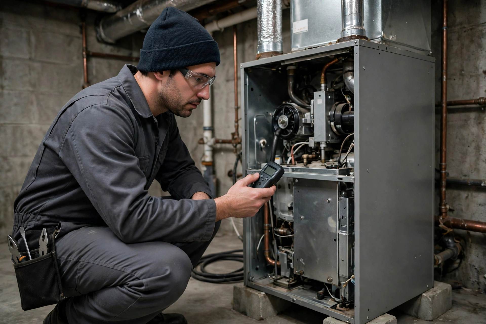Technician in plain grey work clothes checking an open furnace with a small handheld meter