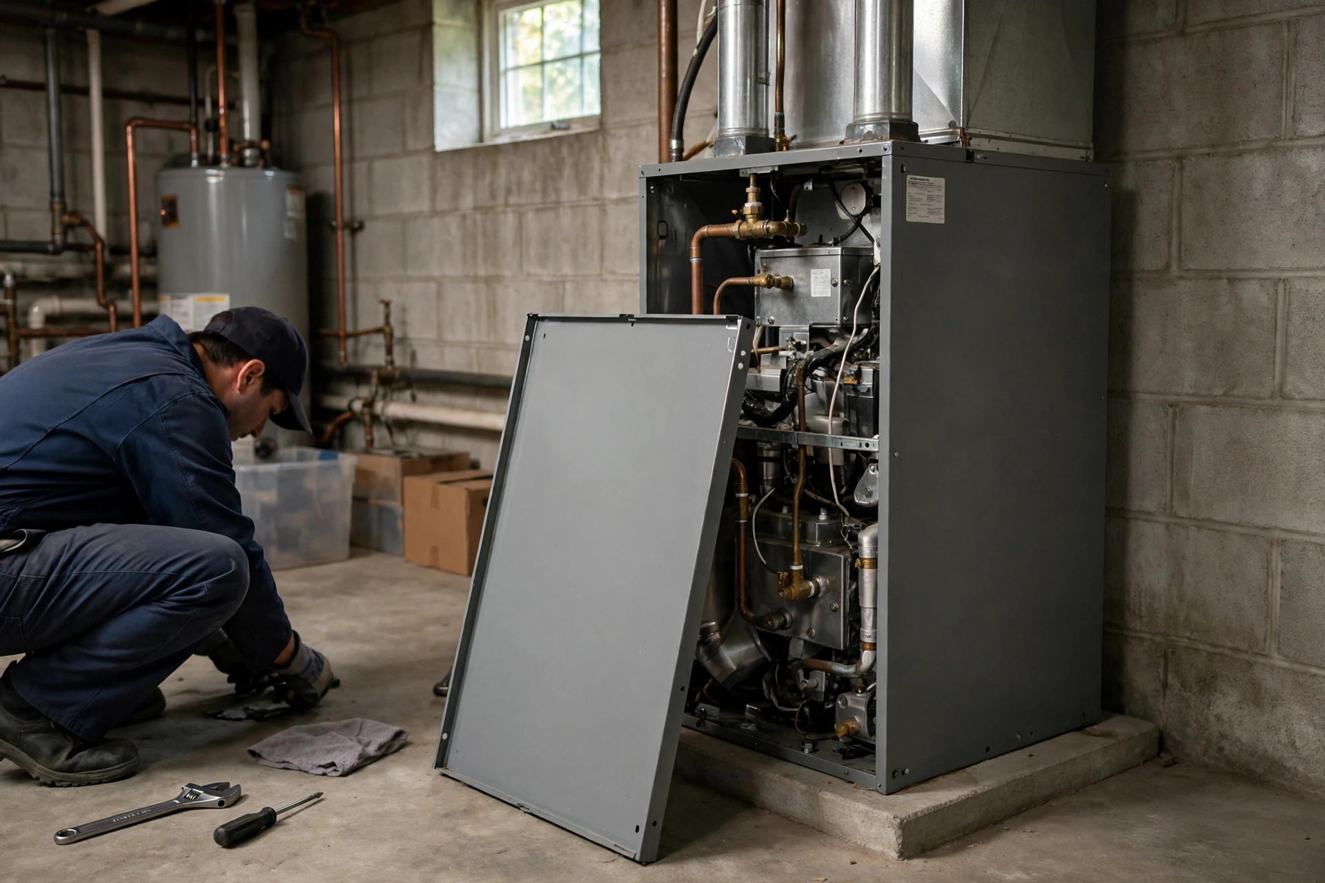 Gas furnace unit in a residential basement in Edgemoor, Delaware