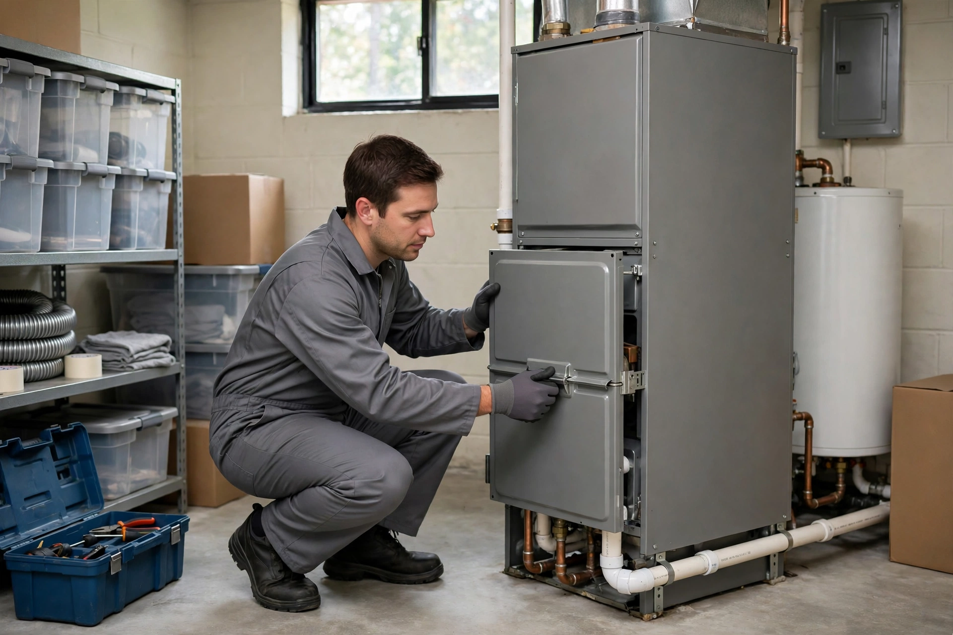 Furnace technician inspecting a home heating system in Clayton, Delaware