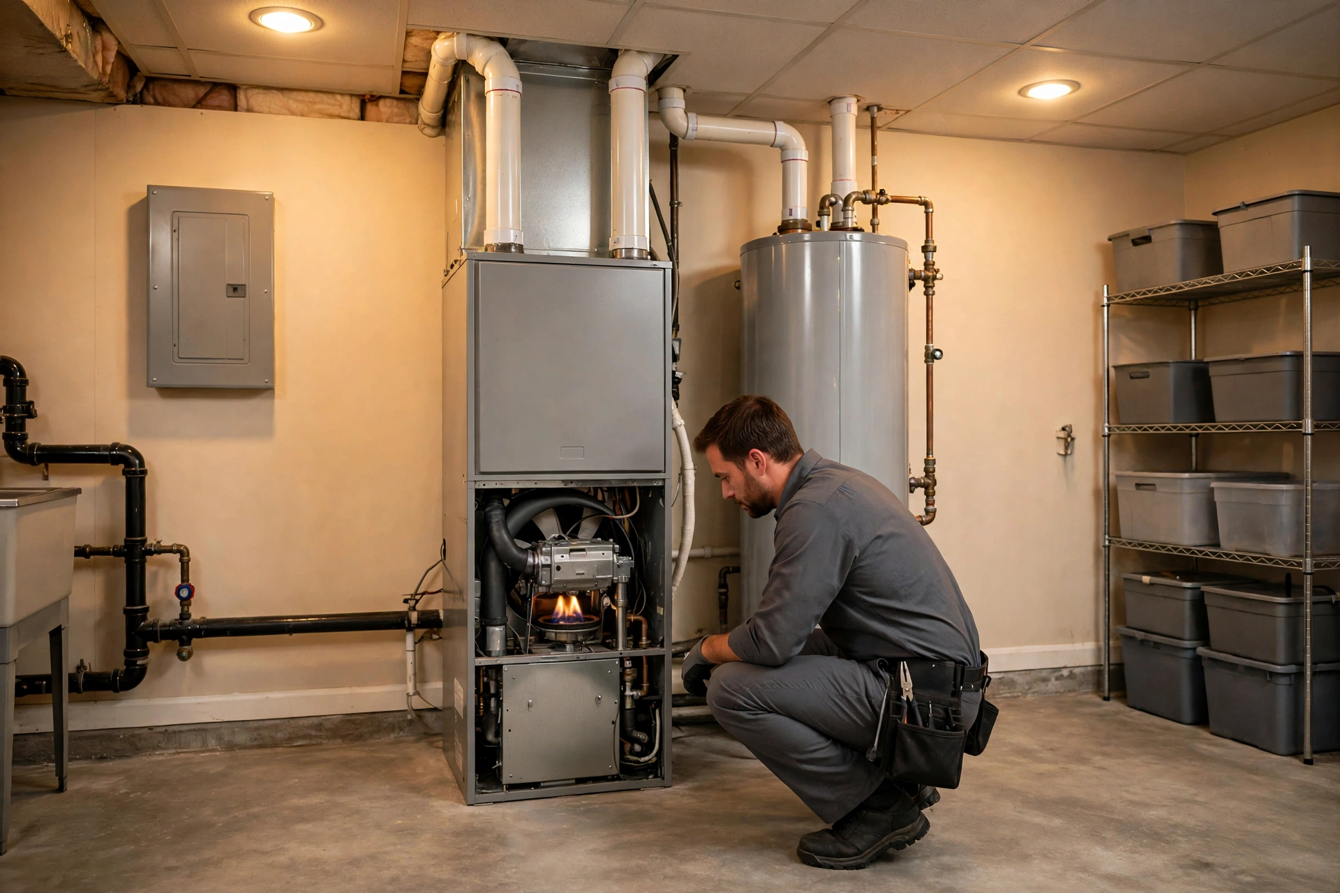 Furnace technician restoring heat in a Delaware home during a cold snap